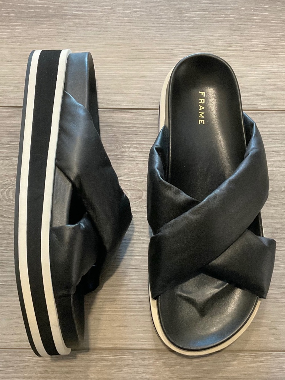 FRAME Le Playa Leather Platform Slides Sandals In Black Size EU 38.5 /8